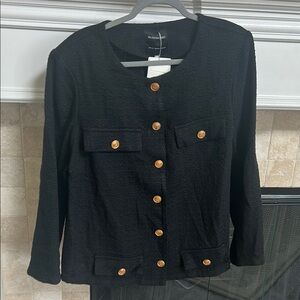 NEW Plus Size Boomchic Black Blazer with Textured Fabric and Gold Button